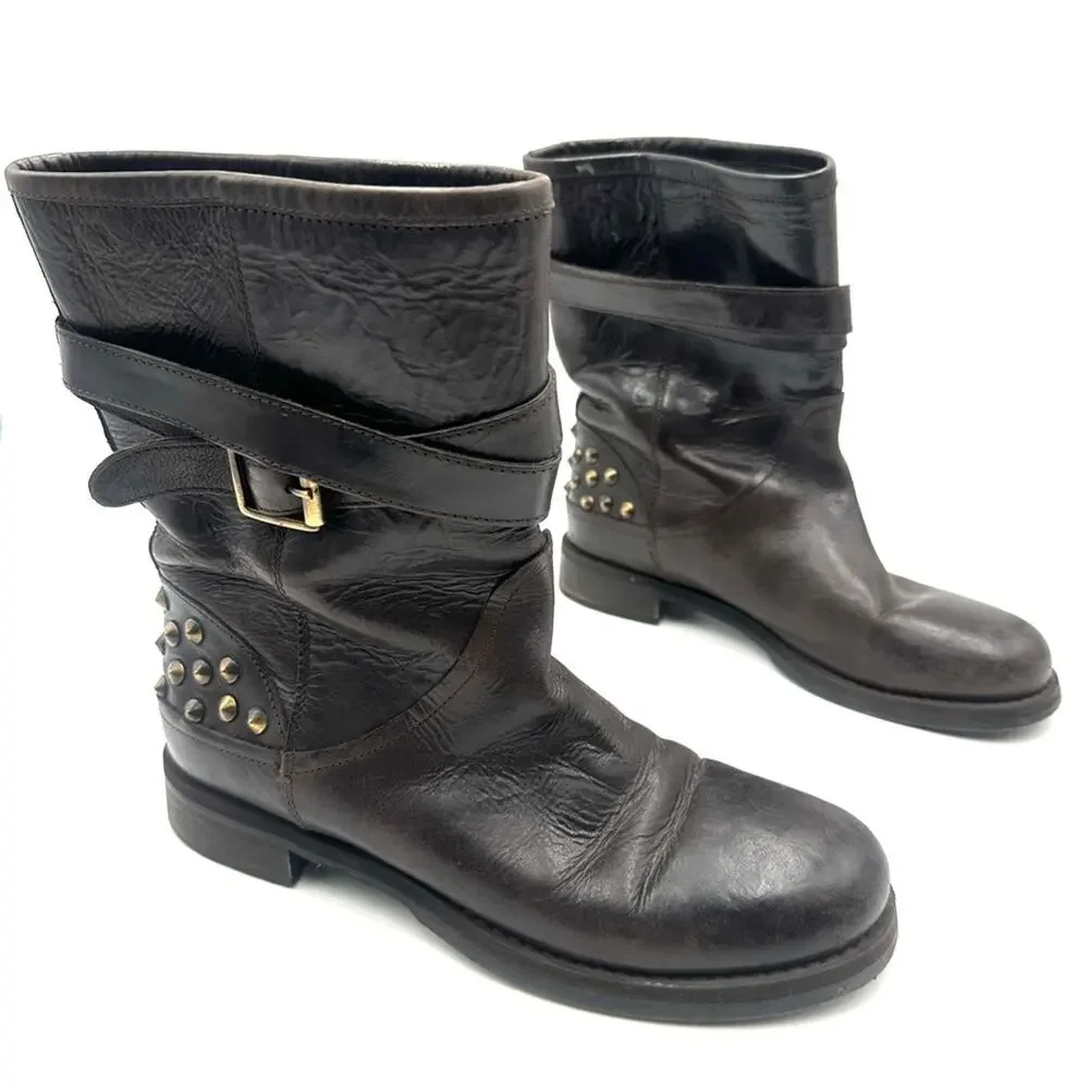 BOEMOS women’s biker Moto studded leather boots size 39 = 8